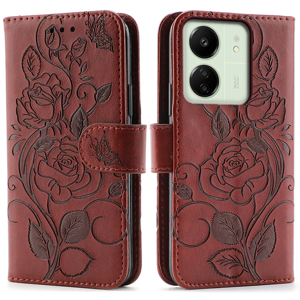 Phone Case For Xiaomi Redmi 13C 4G / 5G / 13R 5G / Poco M6 5G / C65 4G Wallet Stand Imprinted Rose Butterfly PU Leather Cover