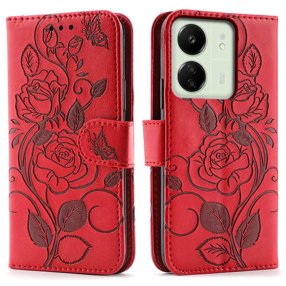 Phone Case For Xiaomi Redmi 13C 4G / 5G / 13R 5G / Poco M6 5G / C65 4G Wallet Stand Imprinted Rose Butterfly PU Leather Cover