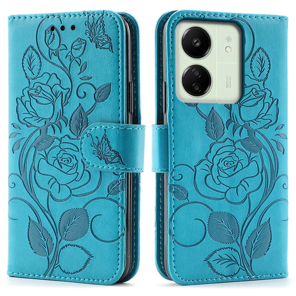 Phone Case For Xiaomi Redmi 13C 4G / 5G / 13R 5G / Poco M6 5G / C65 4G Wallet Stand Imprinted Rose Butterfly PU Leather Cover