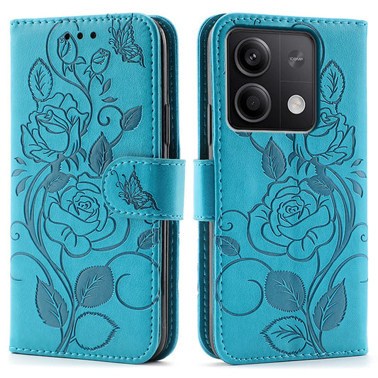 Xiaomi Redmi Note 13 5G Handyhülle – Brieftaschenständer, bedruckter Rosen-Schmetterling, PU-Leder