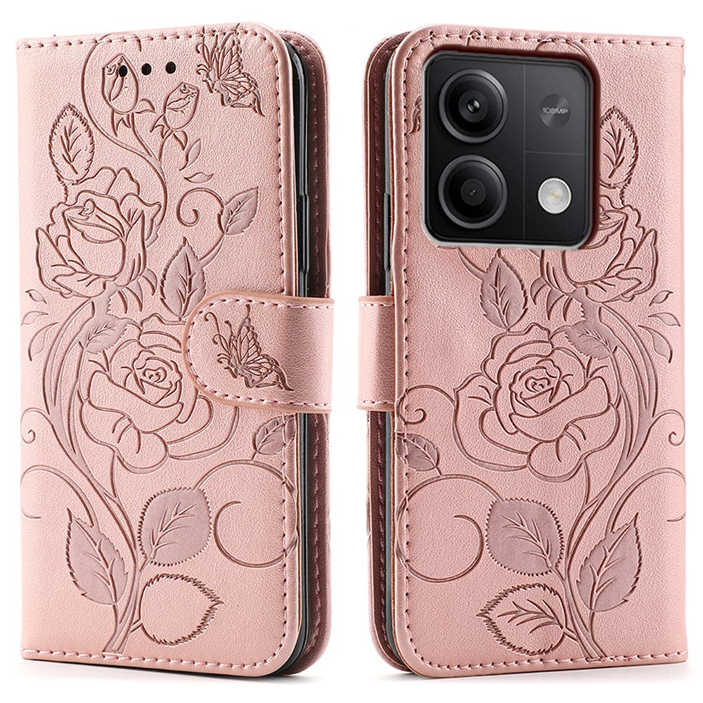 For Xiaomi Redmi Note 13 5G Case Wallet Stand Imprinted Rose Butterfly PU Leather Phone Cover