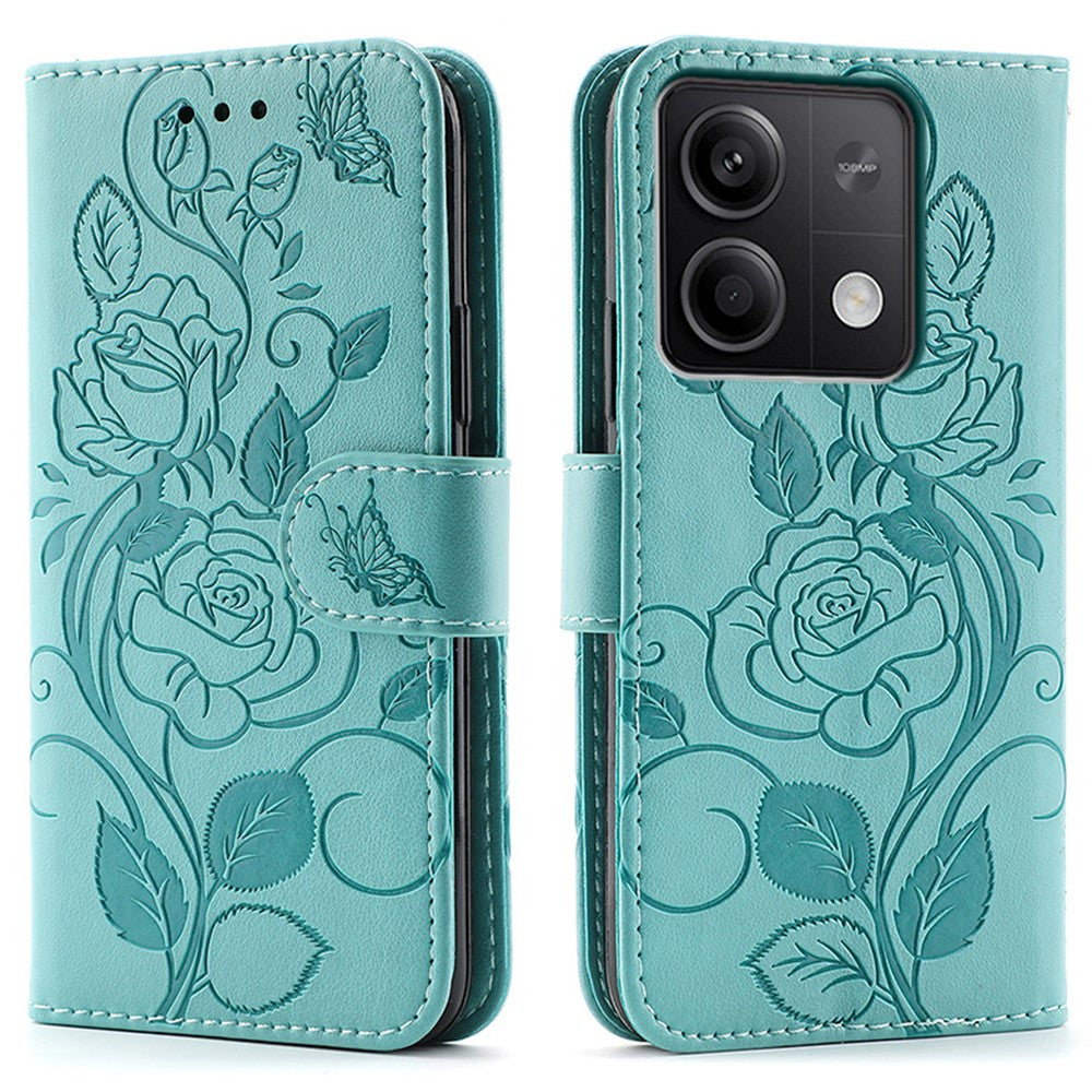 For Xiaomi Redmi Note 13 5G Case Wallet Stand Imprinted Rose Butterfly PU Leather Phone Cover