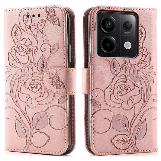 For Xiaomi Redmi Note 13 Pro 5G / Poco X6 5G Case Wallet Stand Imprinted Rose Butterfly PU Leather Phone Cover