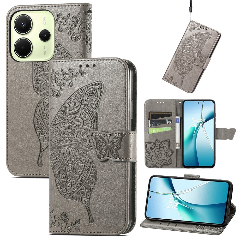 For Xiaomi Redmi Note 14 4G (164.84mm) Case with Strap Butterfly Pattern PU Leather Wallet Phone Cover