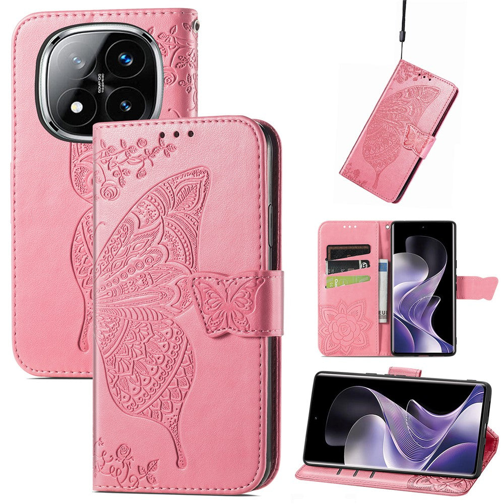 For Xiaomi Redmi Note 14 Pro 5G Case with Strap Butterfly Pattern PU Leather Wallet Phone Cover