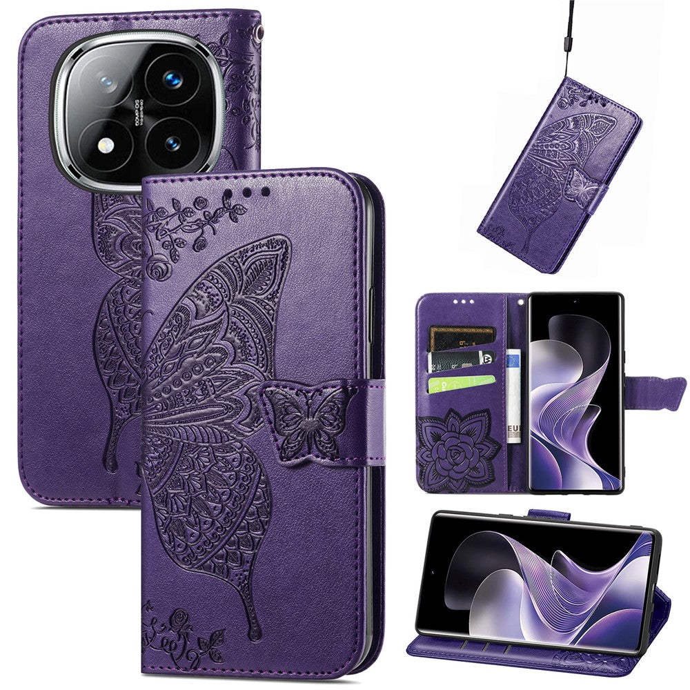 For Xiaomi Redmi Note 14 Pro 5G Case with Strap Butterfly Pattern PU Leather Wallet Phone Cover