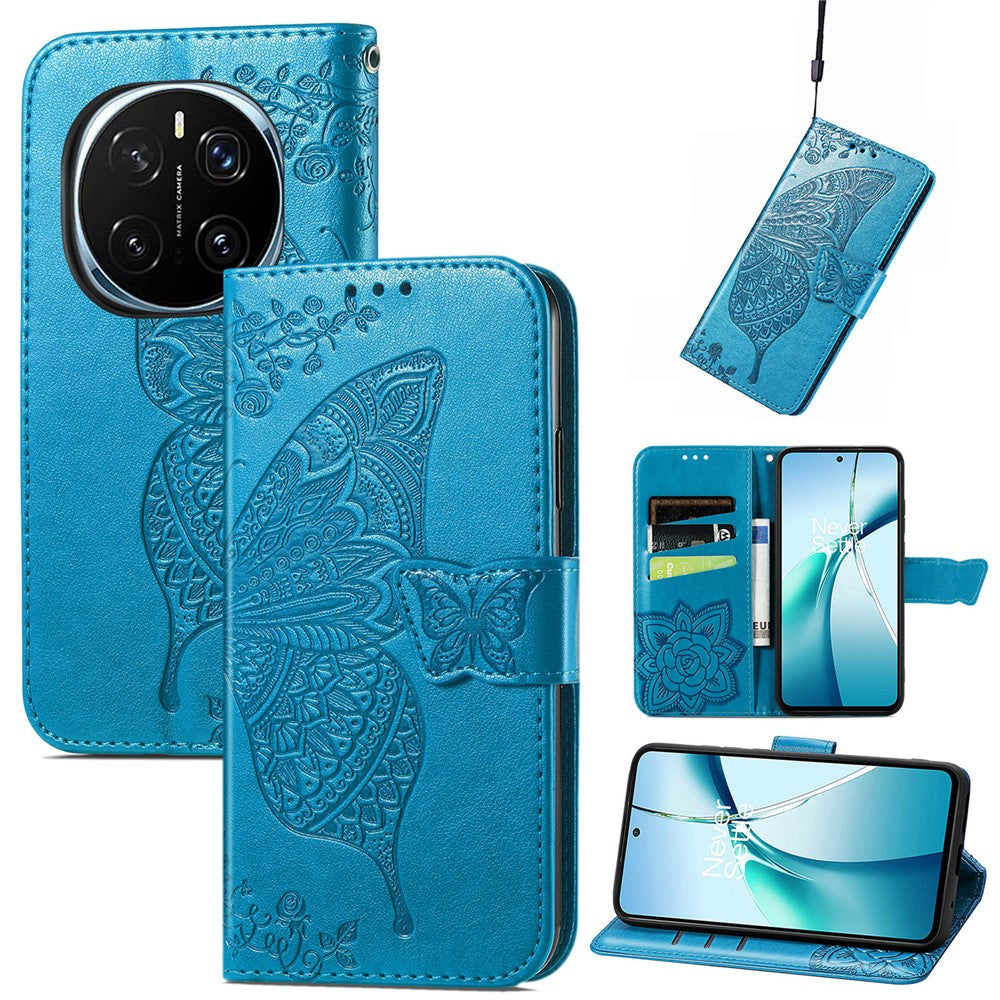 For Honor Magic7 5G Case with Strap Butterfly Pattern PU Leather Wallet Phone Cover