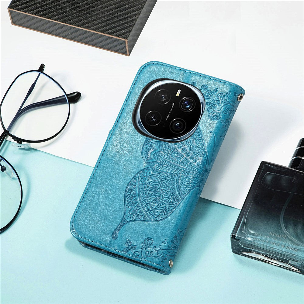 For Honor Magic7 5G Case with Strap Butterfly Pattern PU Leather Wallet Phone Cover