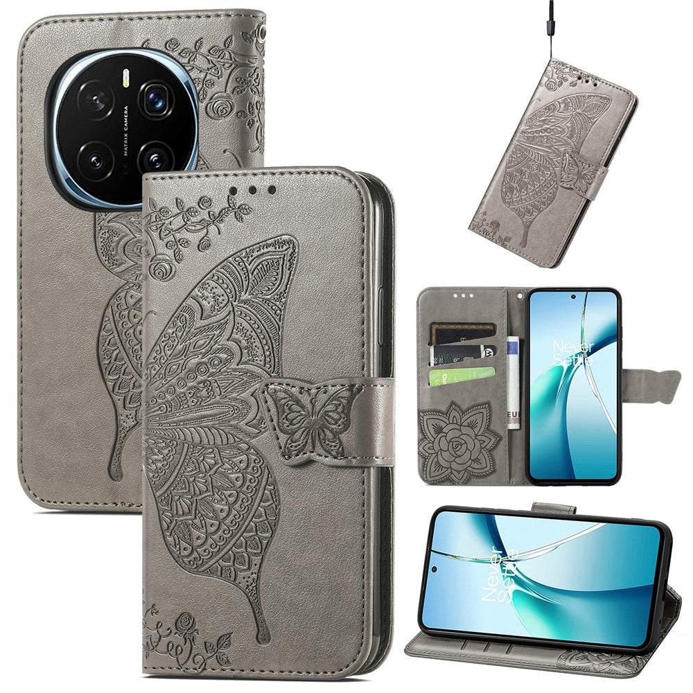 For Honor Magic7 5G Case with Strap Butterfly Pattern PU Leather Wallet Phone Cover
