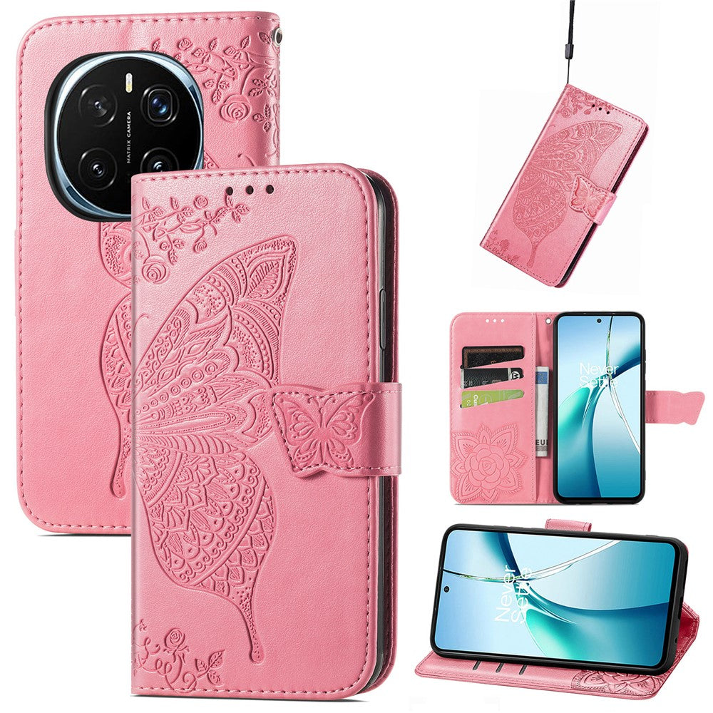 For Honor Magic7 5G Case with Strap Butterfly Pattern PU Leather Wallet Phone Cover