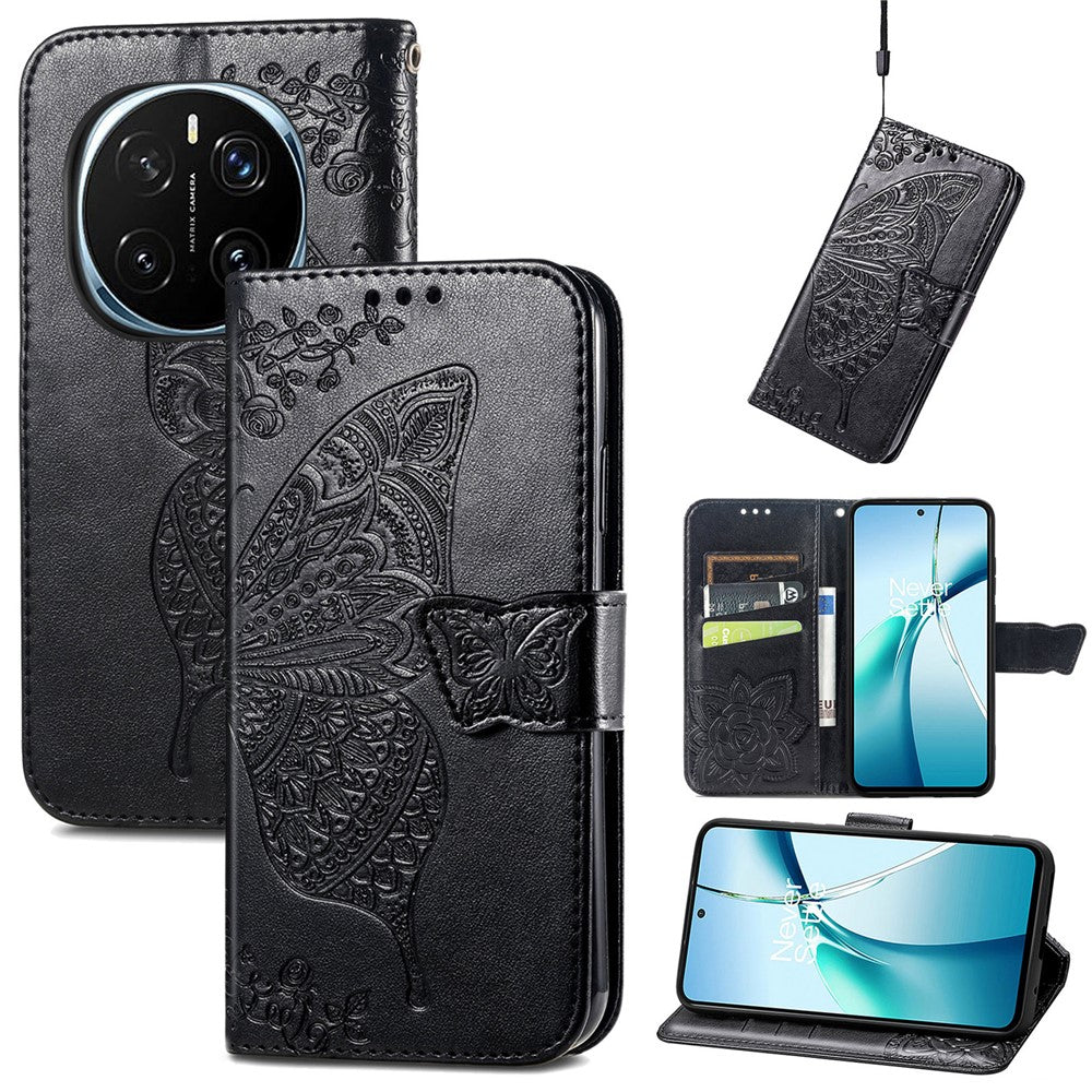 For Honor Magic7 5G Case with Strap Butterfly Pattern PU Leather Wallet Phone Cover