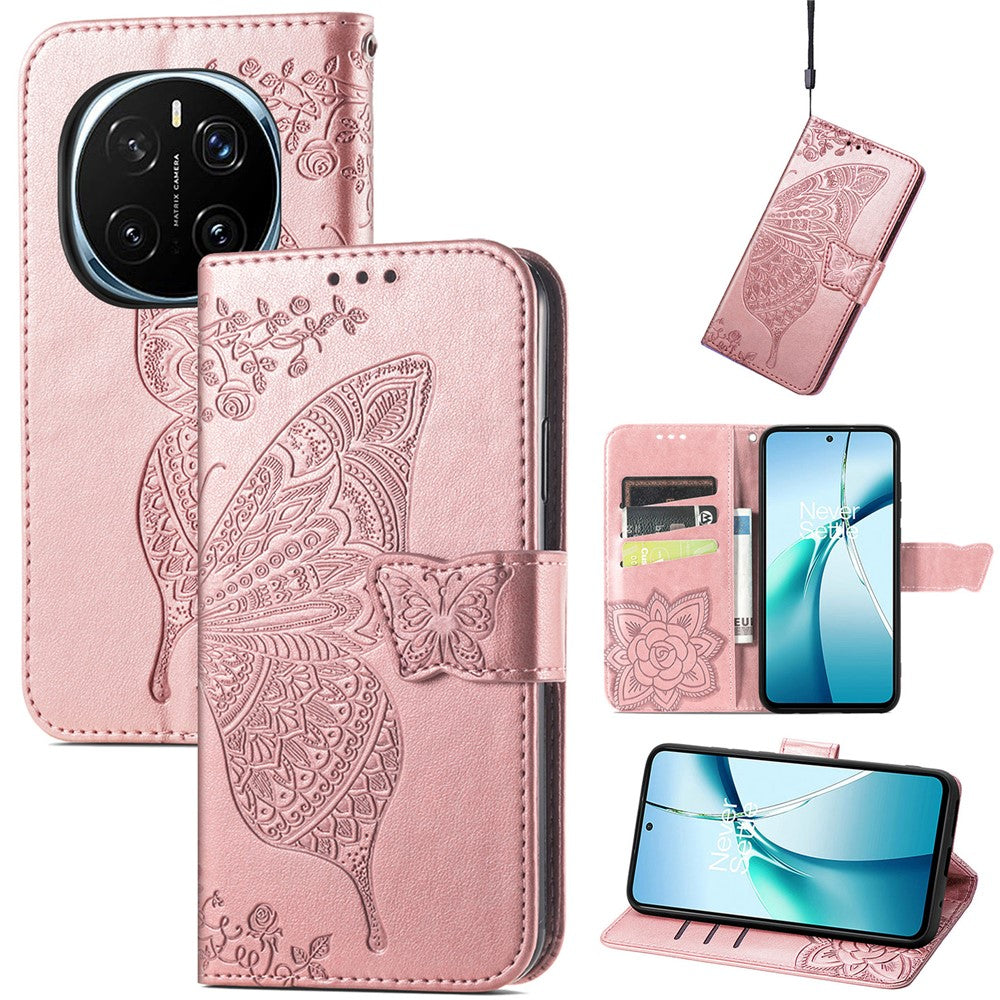 For Honor Magic7 5G Case with Strap Butterfly Pattern PU Leather Wallet Phone Cover