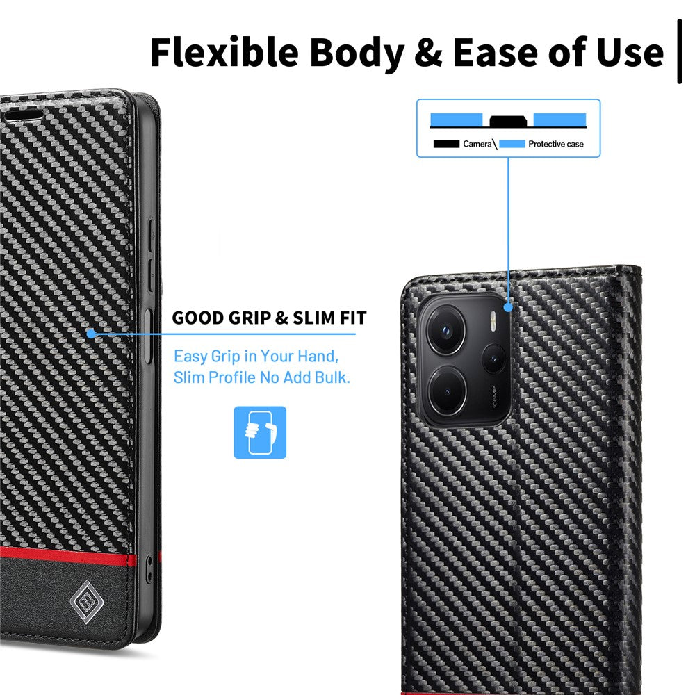 LC.IMEEKE For Xiaomi Redmi Note 14 5G Case Carbon Fiber Texture Phone Cover Stand Card Holder