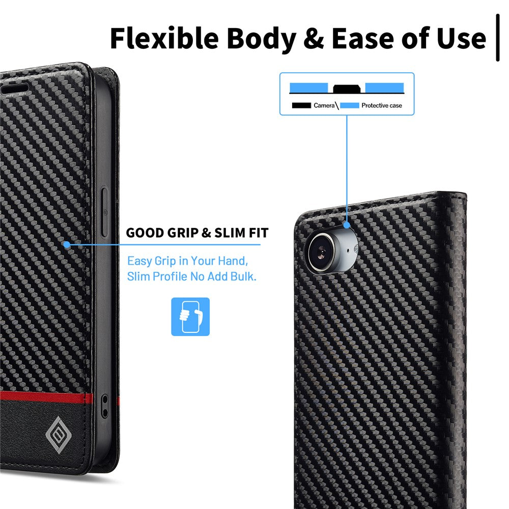 LC.IMEEKE For iPhone 17e / 16e Case Carbon Fiber Texture Phone Cover Stand Card Holder