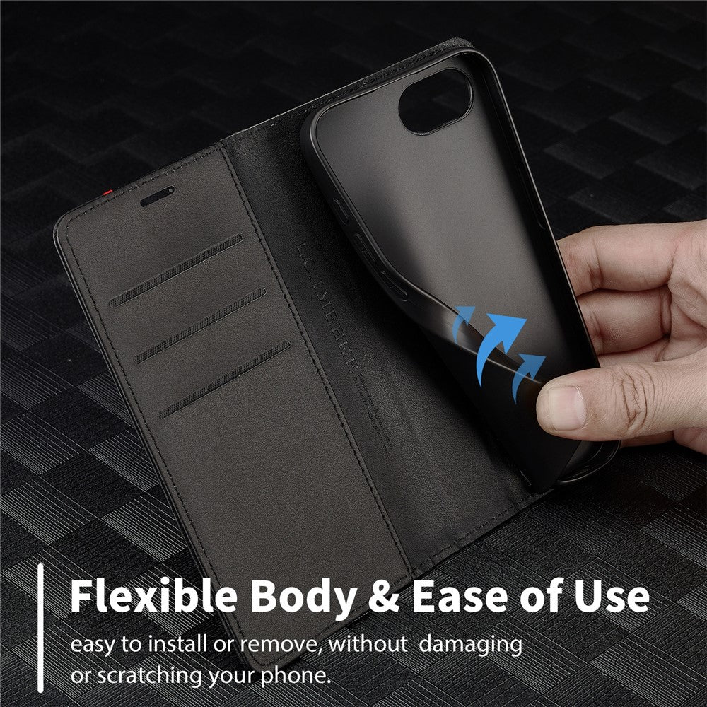 LC.IMEEKE For iPhone 17e / 16e Case Carbon Fiber Texture Phone Cover Stand Card Holder