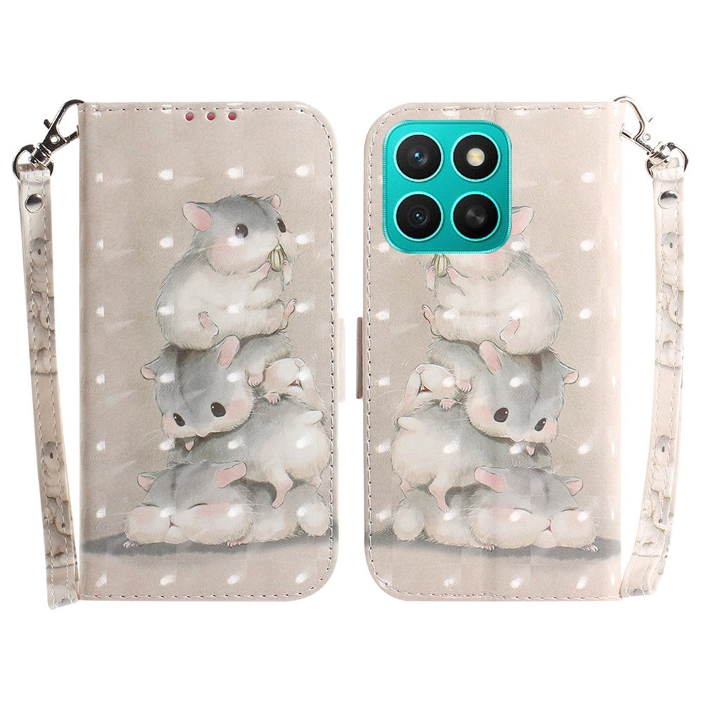 For Honor X8c 4G Case Pattern Printing Leather Wallet Phone Cover with Wrist Strap