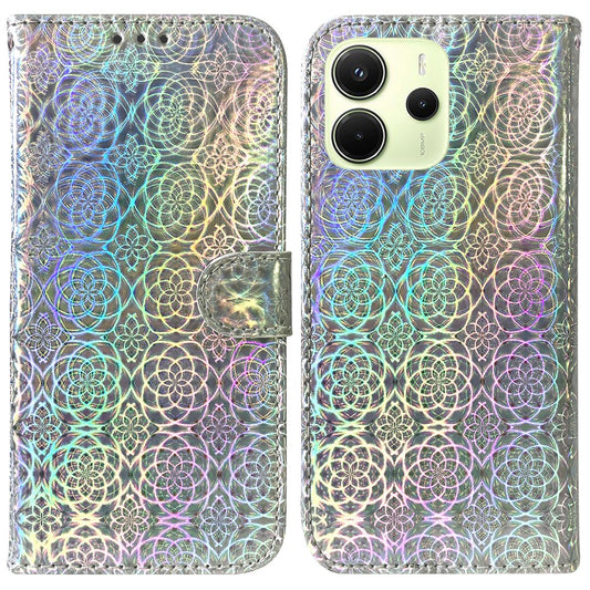 Xiaomi Redmi Note 14 4G (164.84mm) Handyhülle – Standfunktion- schillernde Blumen-Leder
