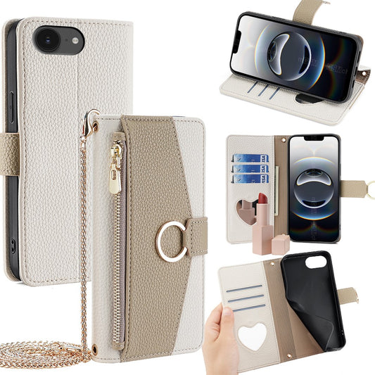 iPhone 16e Wallet-Hülle – Litschi-Textur, mit Spiegel & Kettenschultergurt