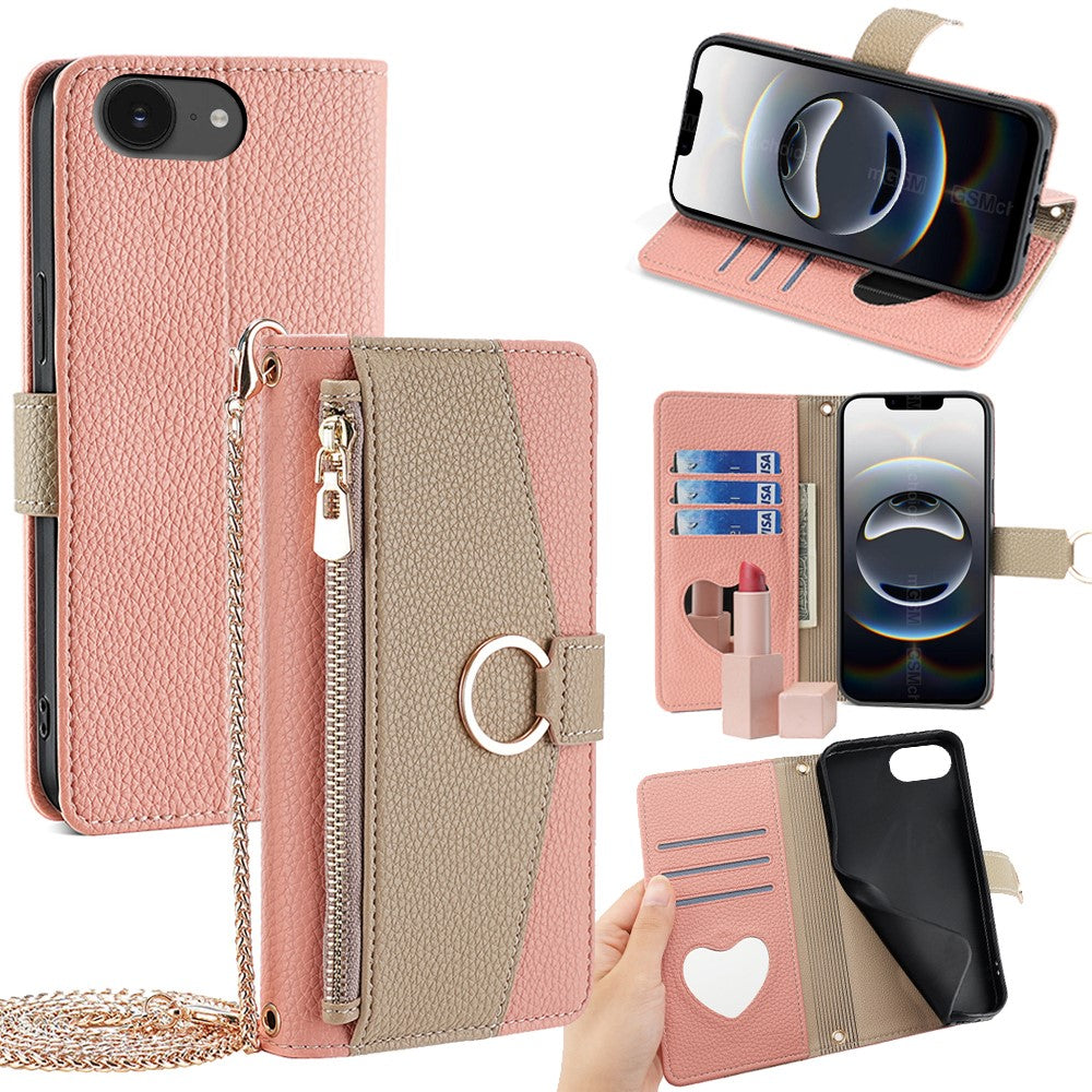 iPhone 16e Wallet-Hülle – Litschi-Textur, mit Spiegel & Kettenschultergurt