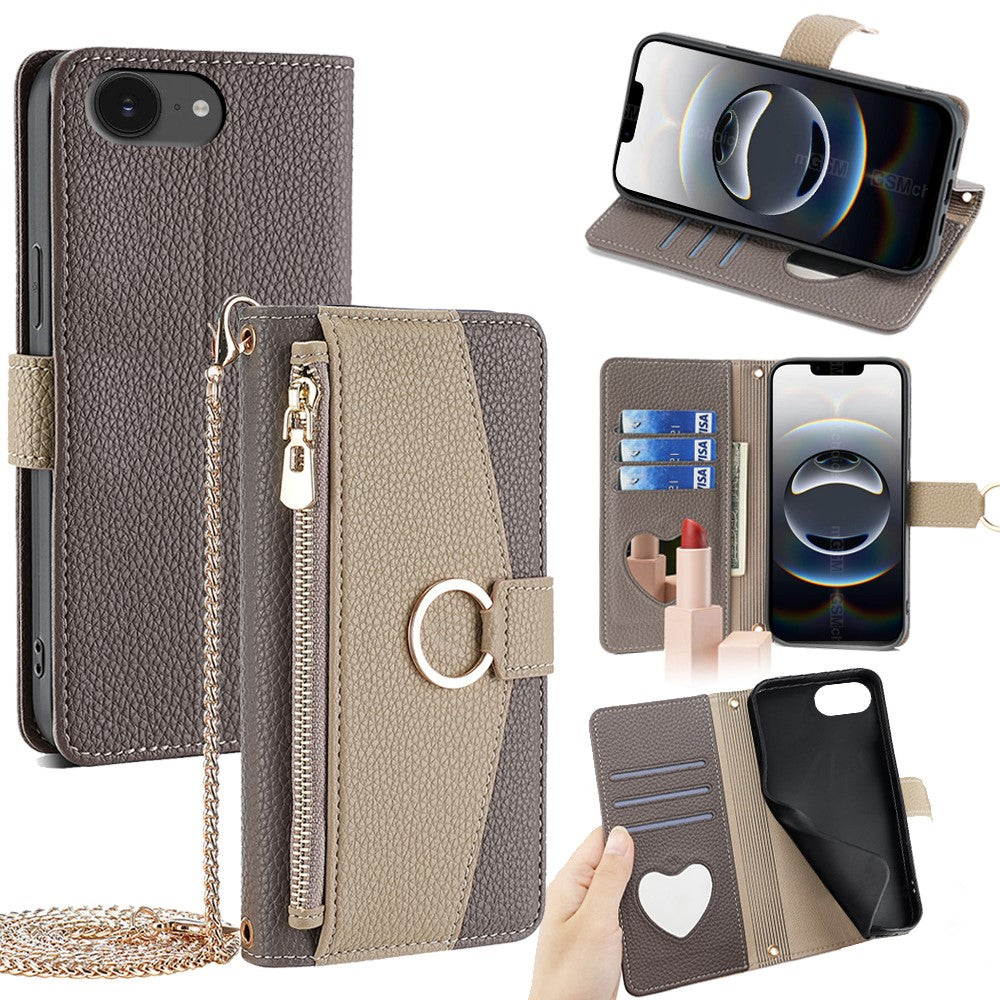iPhone 16e Wallet-Hülle – Litschi-Textur, mit Spiegel & Kettenschultergurt