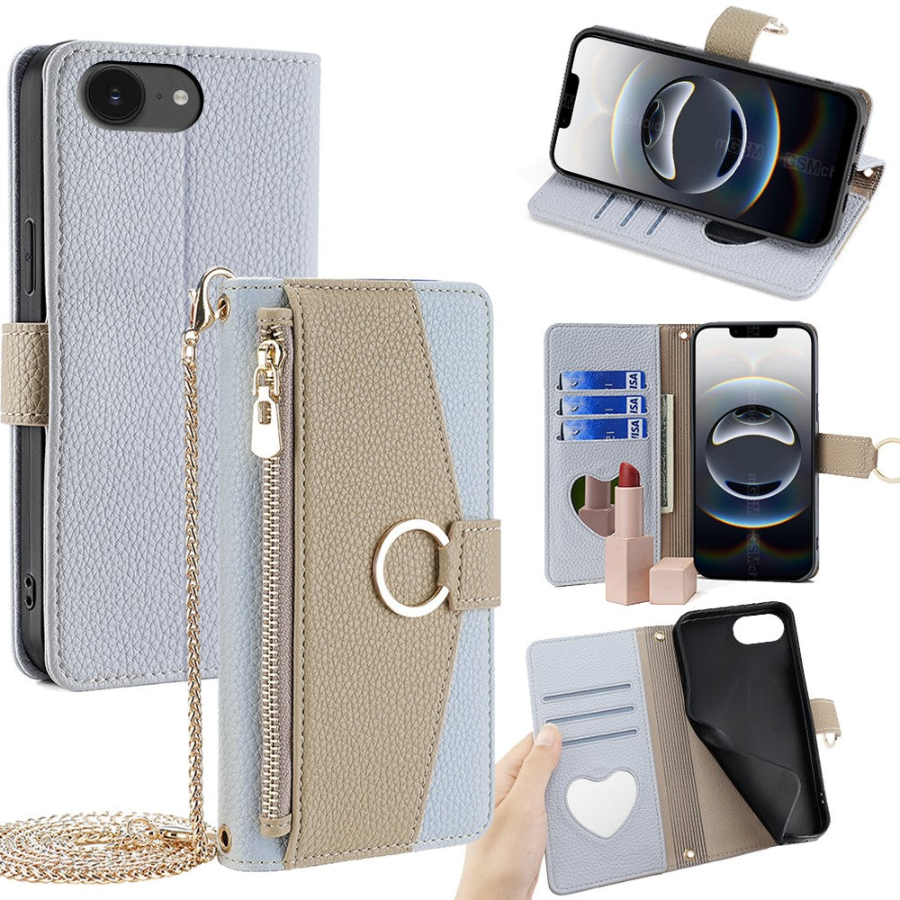 iPhone 16e Wallet-Hülle – Litschi-Textur, mit Spiegel & Kettenschultergurt