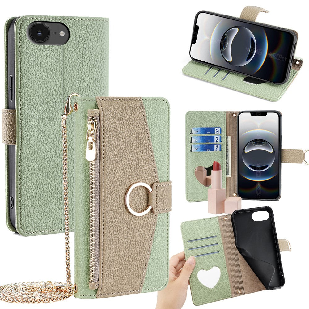 iPhone 16e Wallet-Hülle – Litschi-Textur, mit Spiegel & Kettenschultergurt