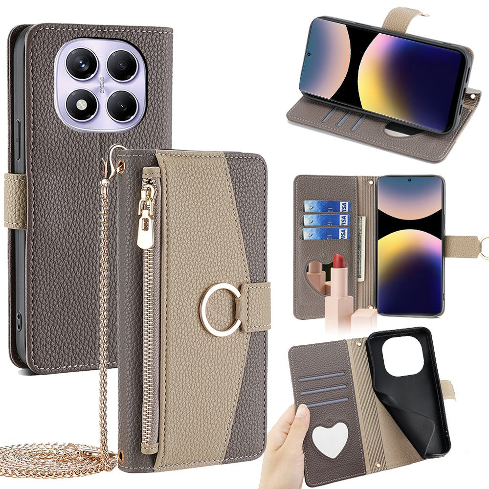 For Xiaomi Redmi Note 14 Pro 4G Case Mirror Wallet Leather Phone Cover with Chain Shoulder Strap