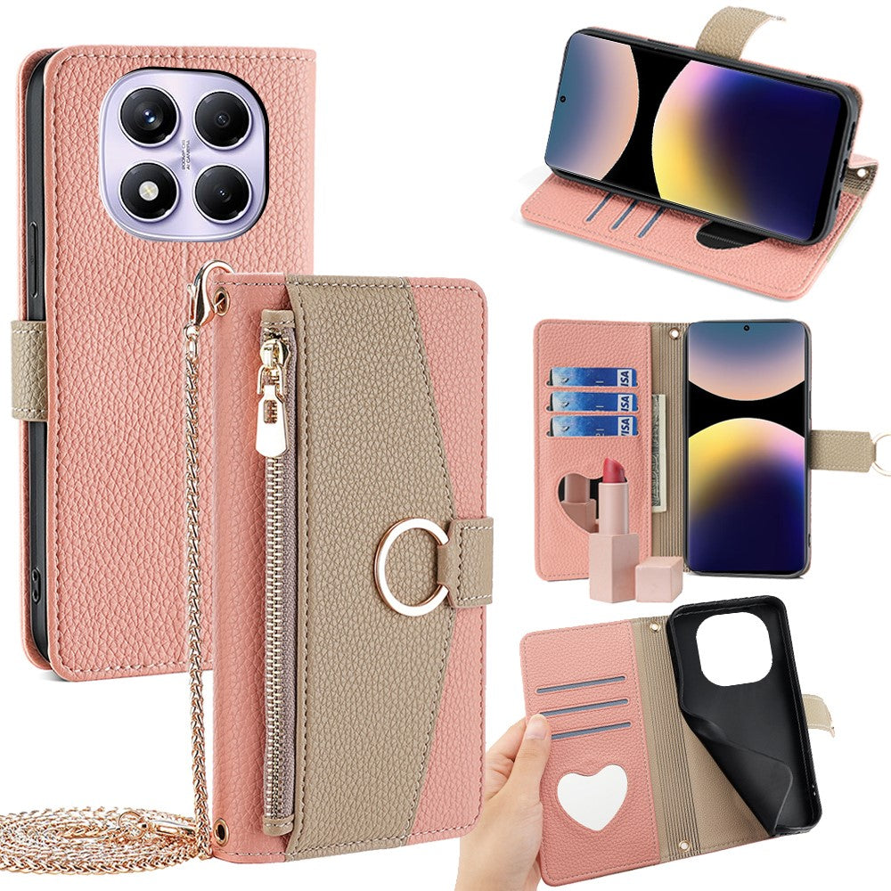 For Xiaomi Redmi Note 14 Pro 4G Case Mirror Wallet Leather Phone Cover with Chain Shoulder Strap