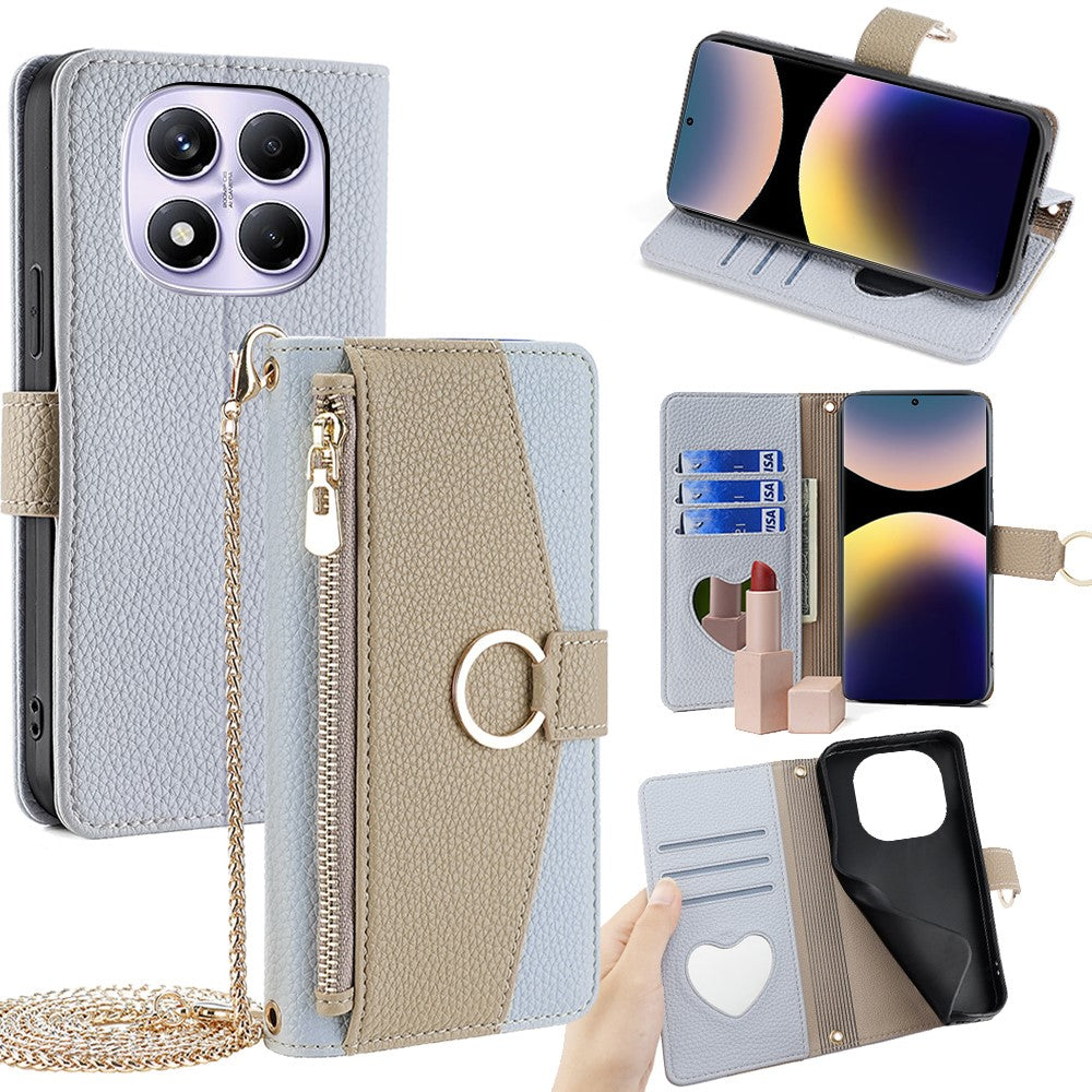 For Xiaomi Redmi Note 14 Pro 4G Case Mirror Wallet Leather Phone Cover with Chain Shoulder Strap