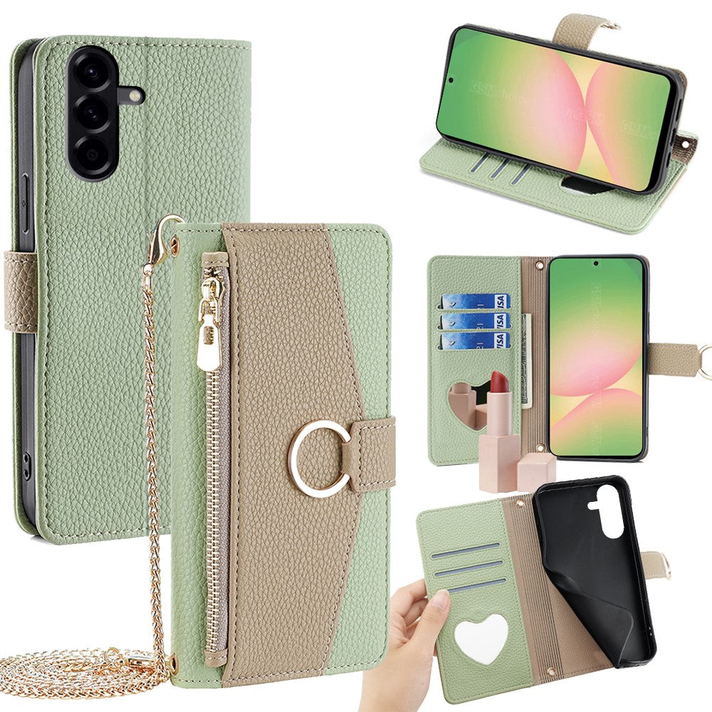 Galaxy A56 5G Wallet-Hülle – Litschi-Textur, mit Spiegel & Kettenschultergurt