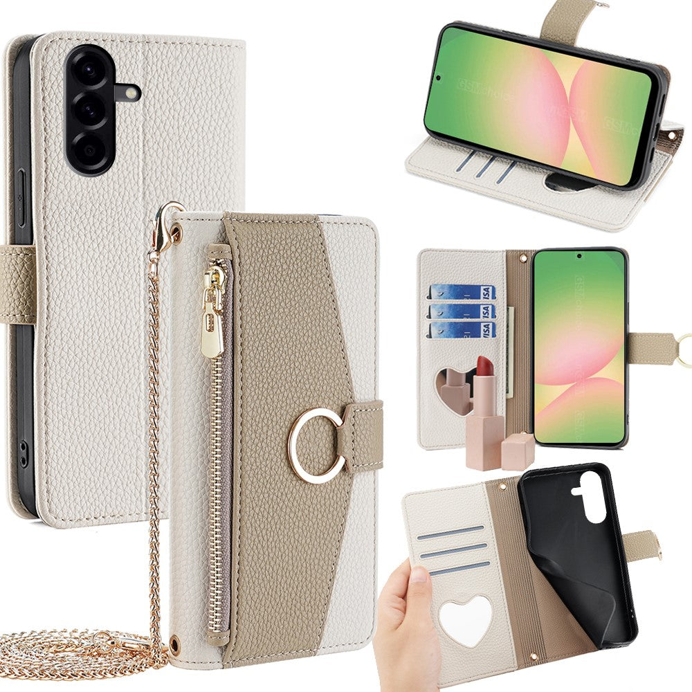 Galaxy A56 5G Wallet-Hülle – Litschi-Textur, mit Spiegel & Kettenschultergurt