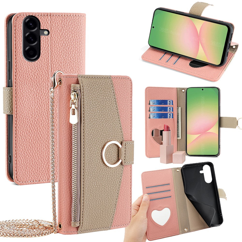 Galaxy A56 5G Wallet-Hülle – Litschi-Textur, mit Spiegel & Kettenschultergurt