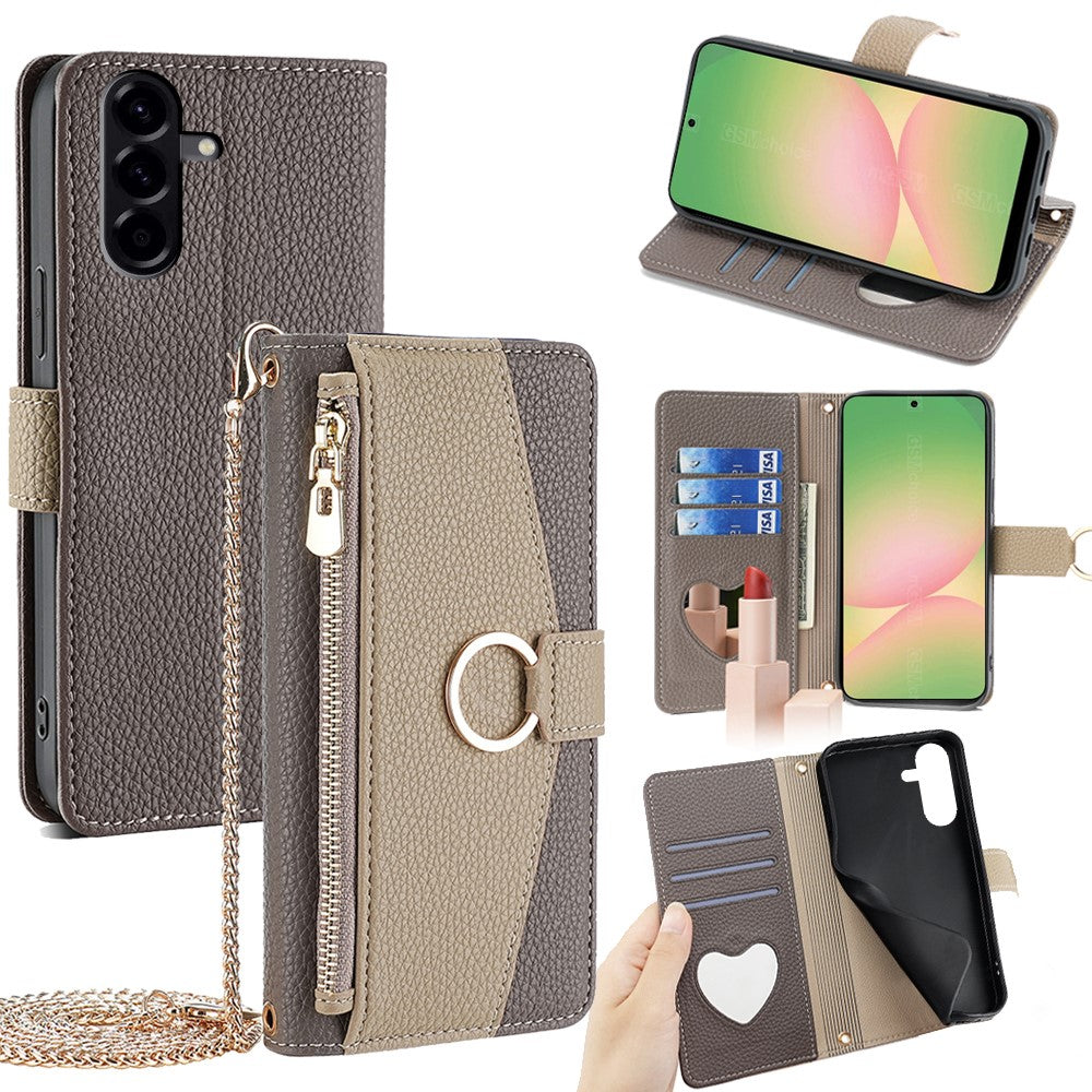 Galaxy A56 5G Wallet-Hülle – Litschi-Textur, mit Spiegel & Kettenschultergurt