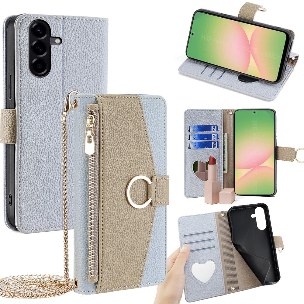 Galaxy A56 5G Wallet-Hülle – Litschi-Textur, mit Spiegel & Kettenschultergurt