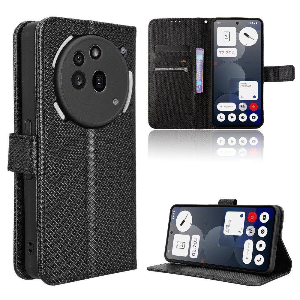 For Nothing Phone (3a) Pro Leather Wallet Case with Strap Diamond Texture Phone Cover