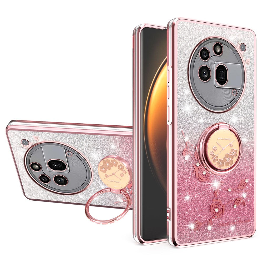 KADEM For Nothing Phone (3a) Pro Case Ring Kickstand TPU Flowers Phone Cover Gradient Glitter