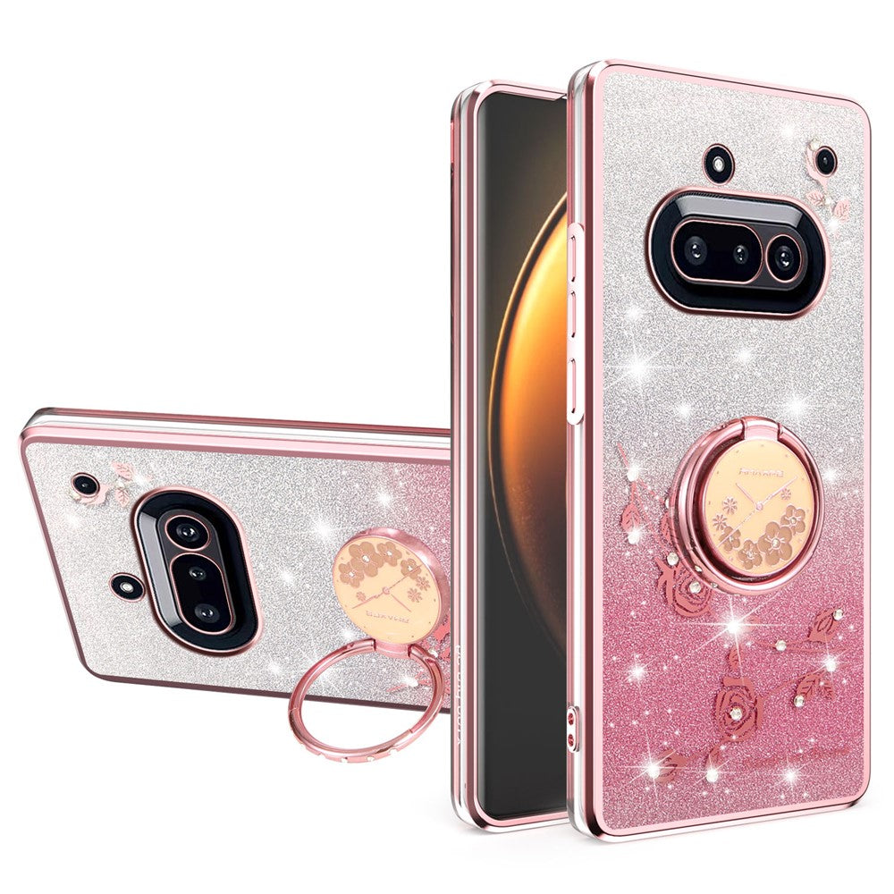 KADEM For Nothing Phone (3a) Case Ring Kickstand TPU Flowers Phone Cover Gradient Glitter