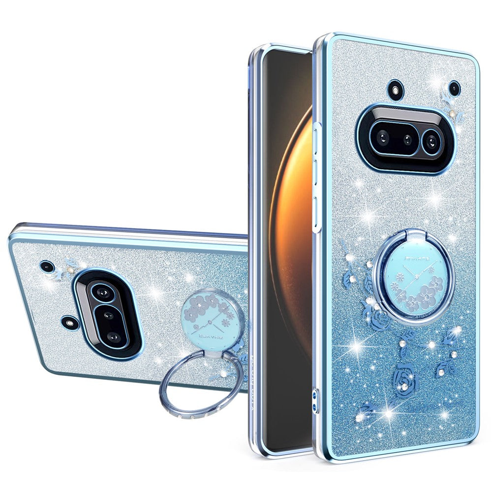 KADEM For Nothing Phone (3a) Case Ring Kickstand TPU Flowers Phone Cover Gradient Glitter