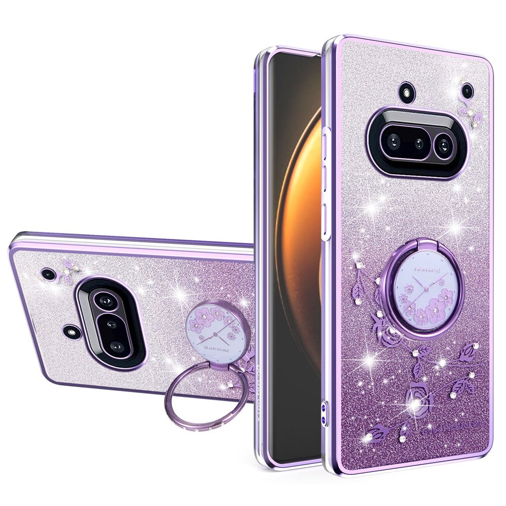 KADEM For Nothing Phone (3a) Case Ring Kickstand TPU Flowers Phone Cover Gradient Glitter