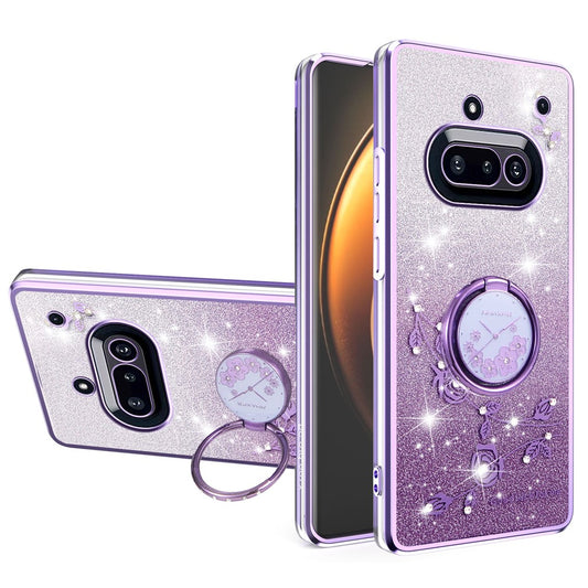 KADEM For Nothing Phone (3a) Case Ring Kickstand TPU Flowers Phone Cover Gradient Glitter