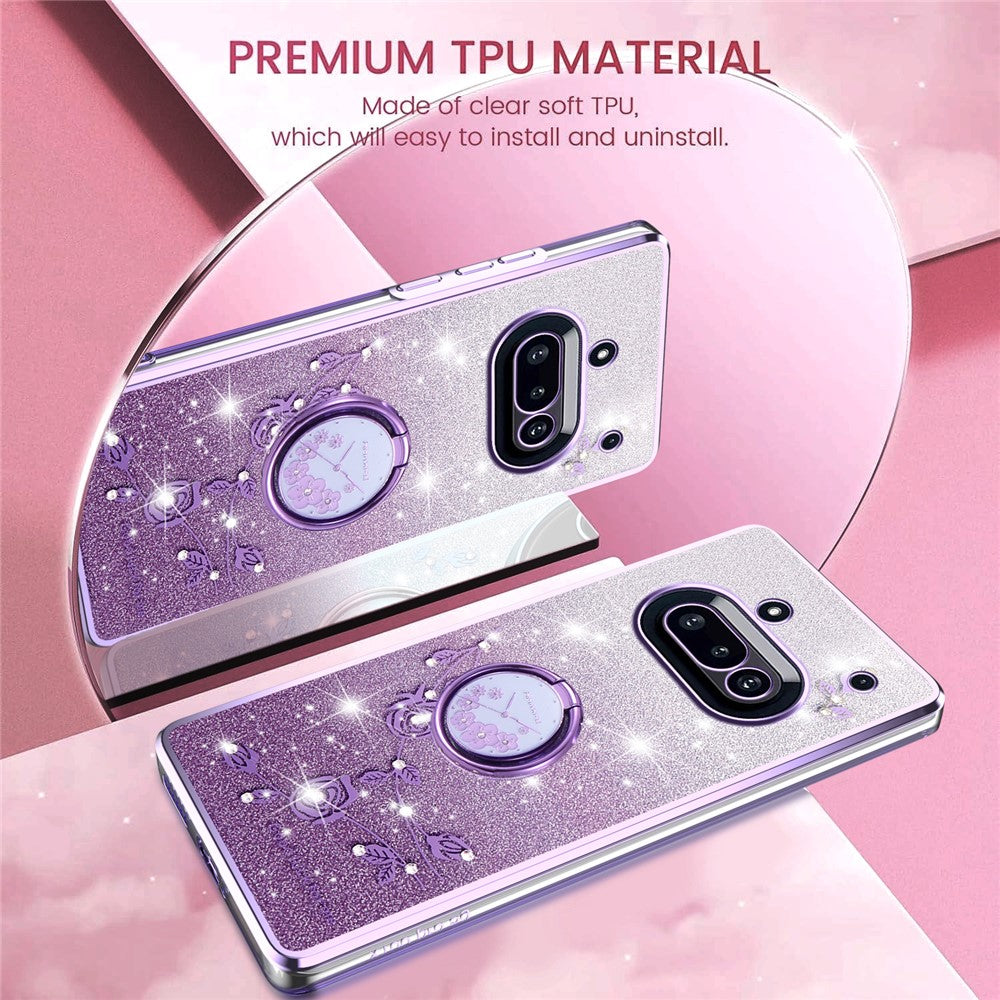 KADEM For Nothing Phone (3a) Case Ring Kickstand TPU Flowers Phone Cover Gradient Glitter