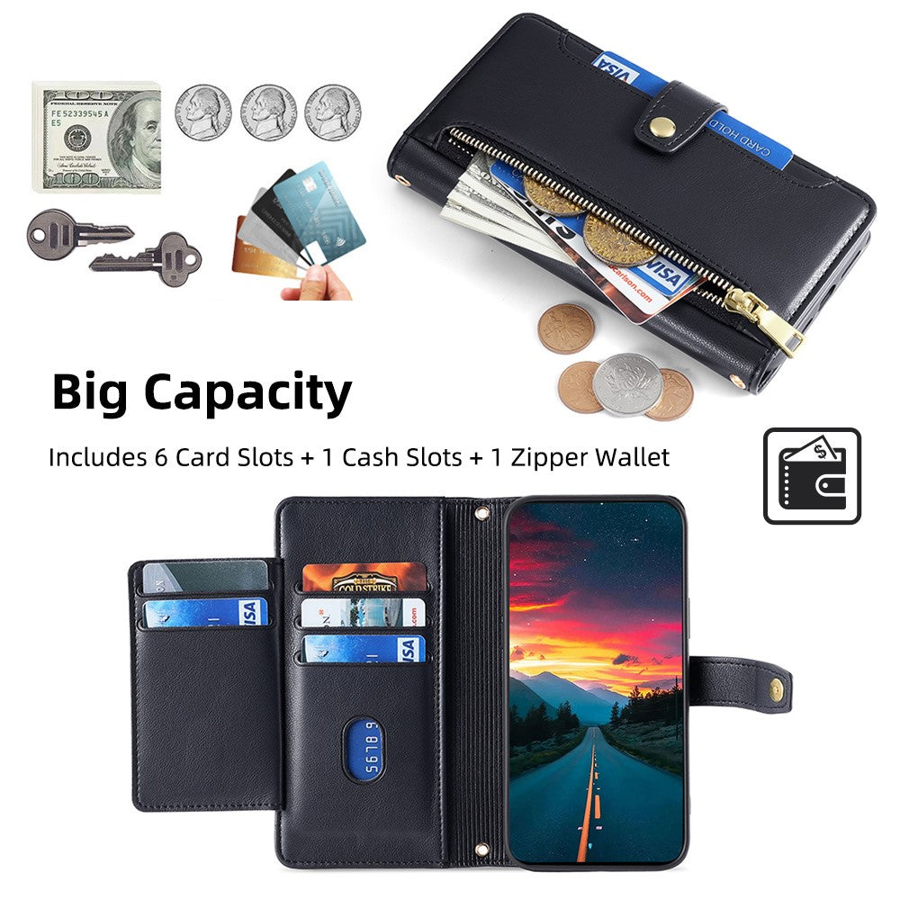 For Xiaomi Redmi Note 14 Pro 4G Case Zipper Pocket Wallet Leather Phone Cover with 2 Straps