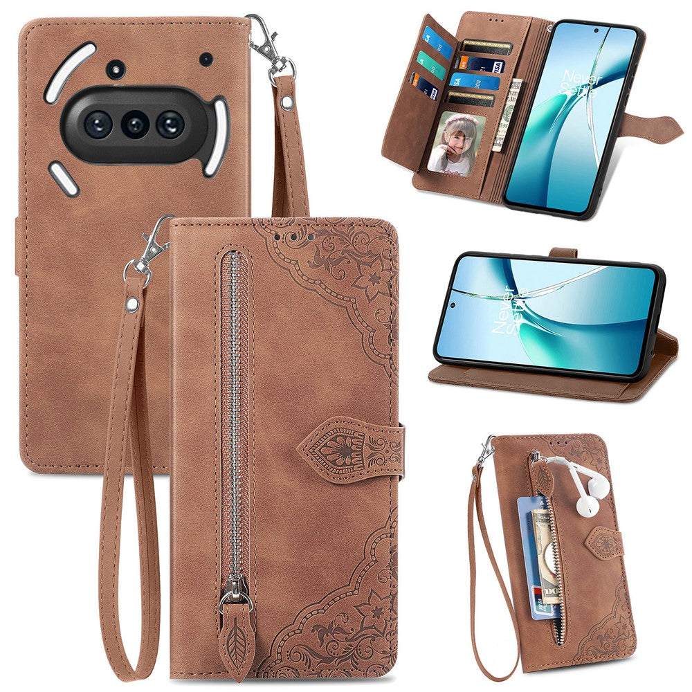 Nothing Phone (3a) Wallet-Handyhülle – Mit Riemen & Reißverschluss, aus PU-Leder, mit Blumenmuster