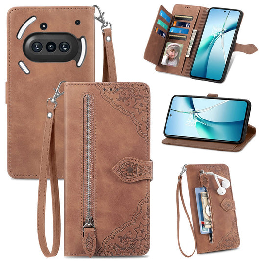 Nothing Phone (3a) Wallet-Handyhülle – Mit Riemen & Reißverschluss, aus PU-Leder, mit Blumenmuster