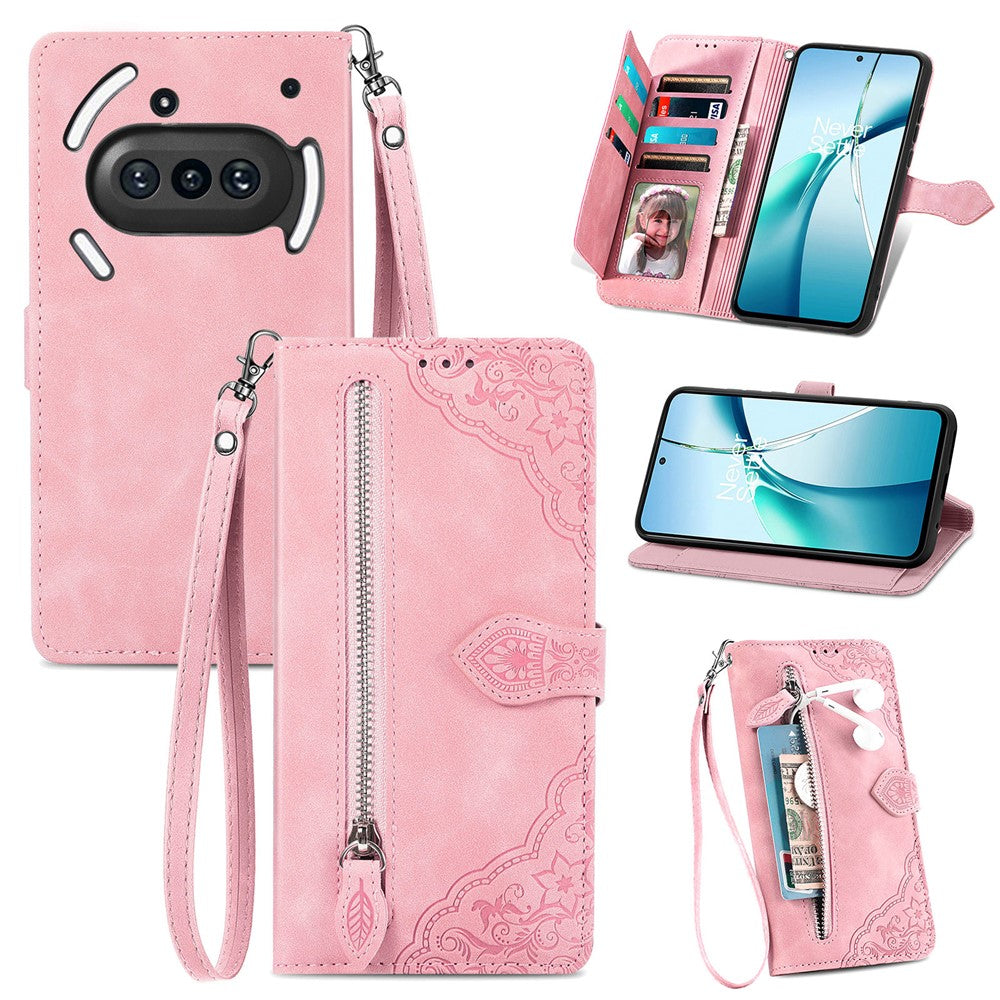 Nothing Phone (3a) Wallet-Handyhülle – Mit Riemen & Reißverschluss, aus PU-Leder, mit Blumenmuster