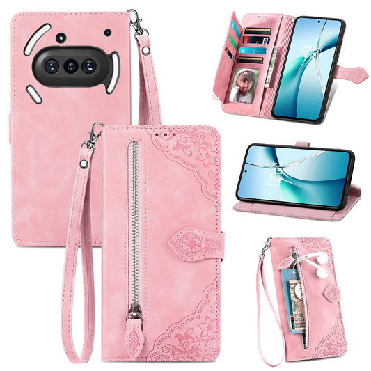 Nothing Phone (3a) Wallet-Handyhülle – Mit Riemen & Reißverschluss, aus PU-Leder, mit Blumenmuster