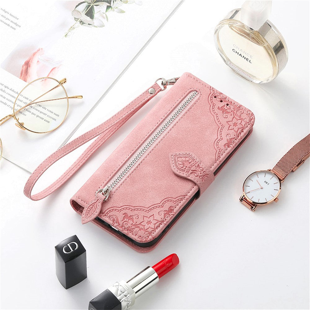 Nothing Phone (3a) Wallet-Handyhülle – Mit Riemen & Reißverschluss, aus PU-Leder, mit Blumenmuster