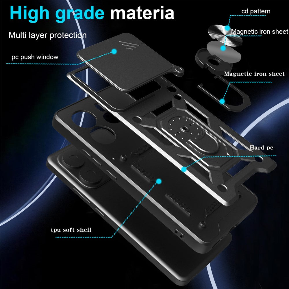 For Xiaomi Redmi Note 14 4G (164.84mm) Case with Slide Camera Lid PC + TPU Kickstand Phone Cover