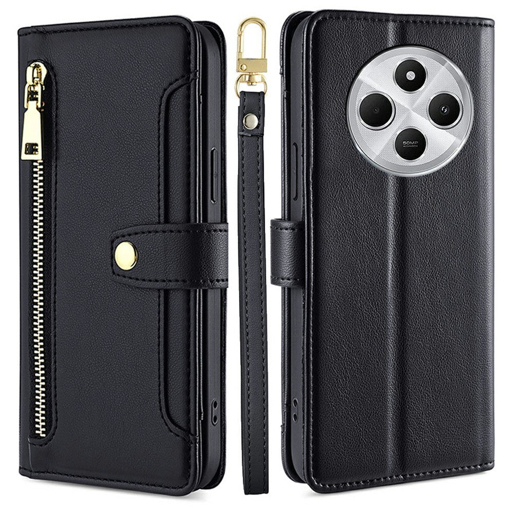 Leather Case for Xiaomi Redmi 14C 4G / 14R 5G / Poco C75 4G / A4 5G Zipper Pocket Wallet Phone Cover with 2 Straps