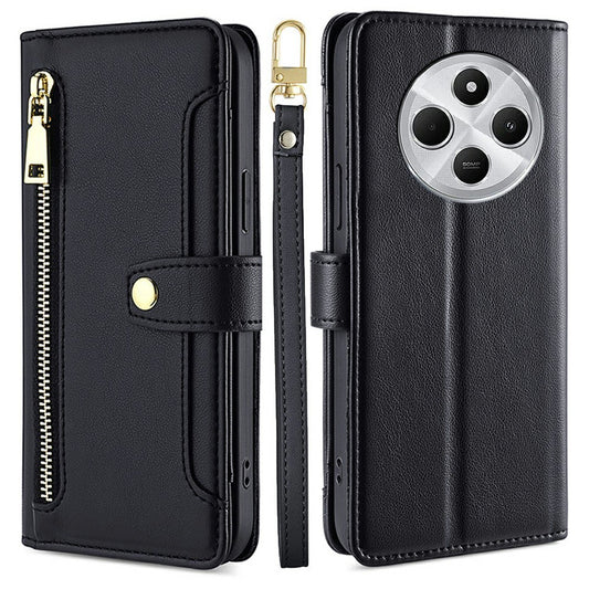 Leather Case for Xiaomi Redmi 14C 4G / 14R 5G / Poco C75 4G / A4 5G Zipper Pocket Wallet Phone Cover with 2 Straps